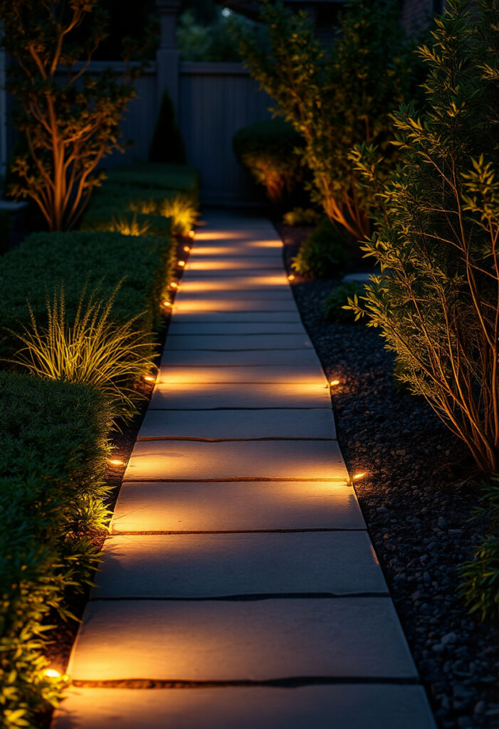 Evening garden walkway illuminated by LED lights.
