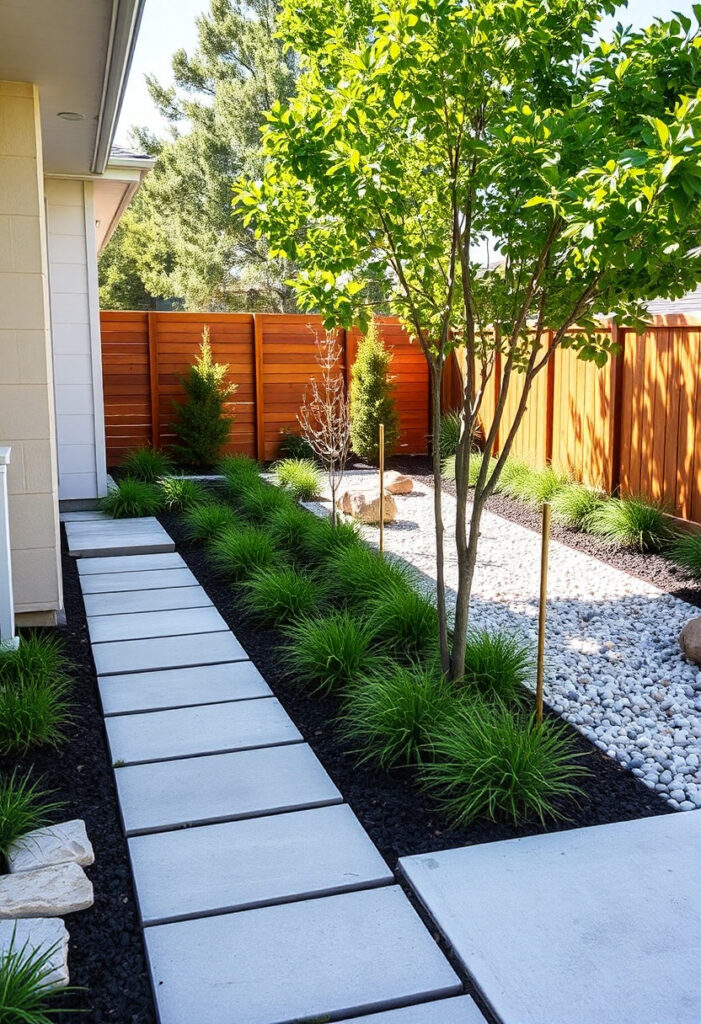 Low-maintenance garden path made with concrete.