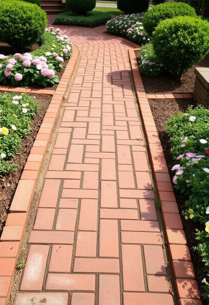 red brick garden walkway, bordered by flower beds and low shrub.