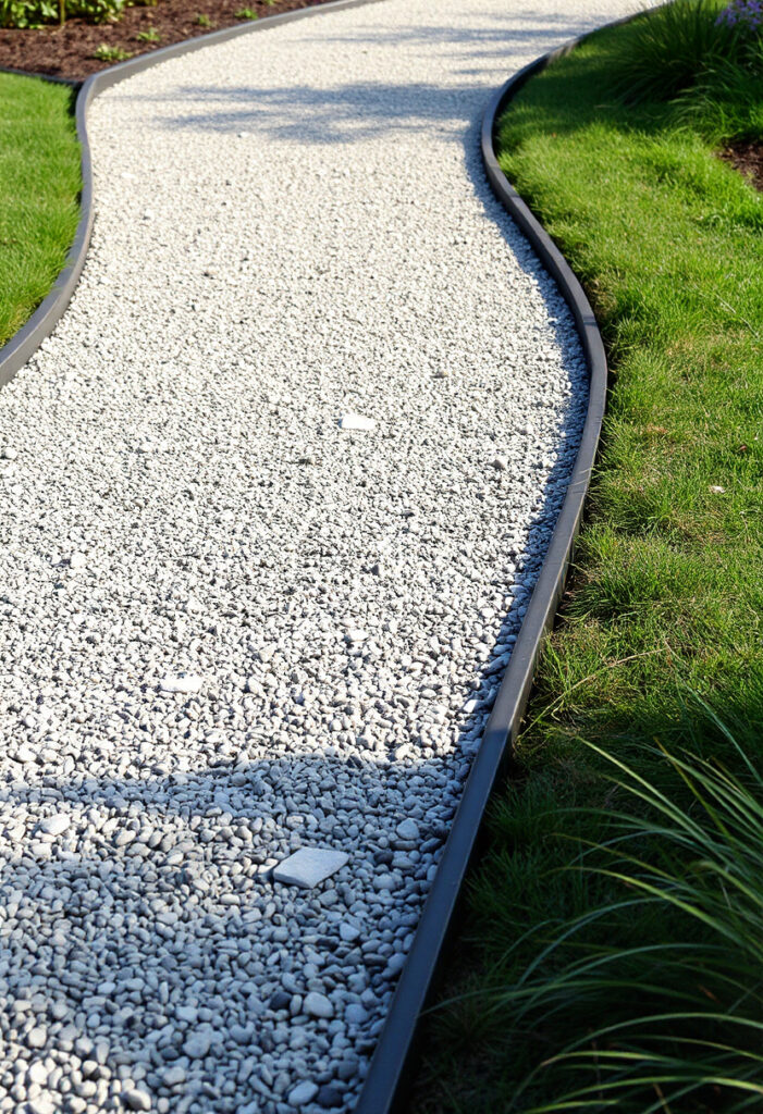 gravel path in garden with metal edging.