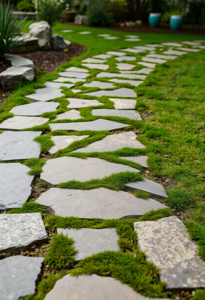 flagstone garden walkway with irregular stone pieces.