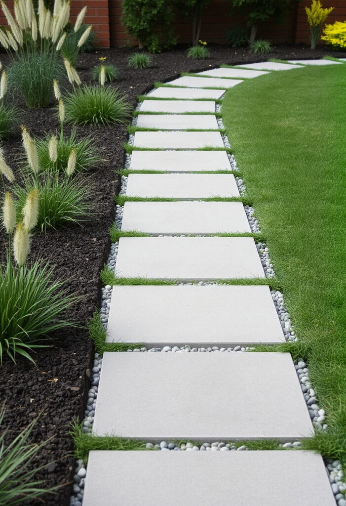 modern concrete paver walkway in garden, spaced on gravel.