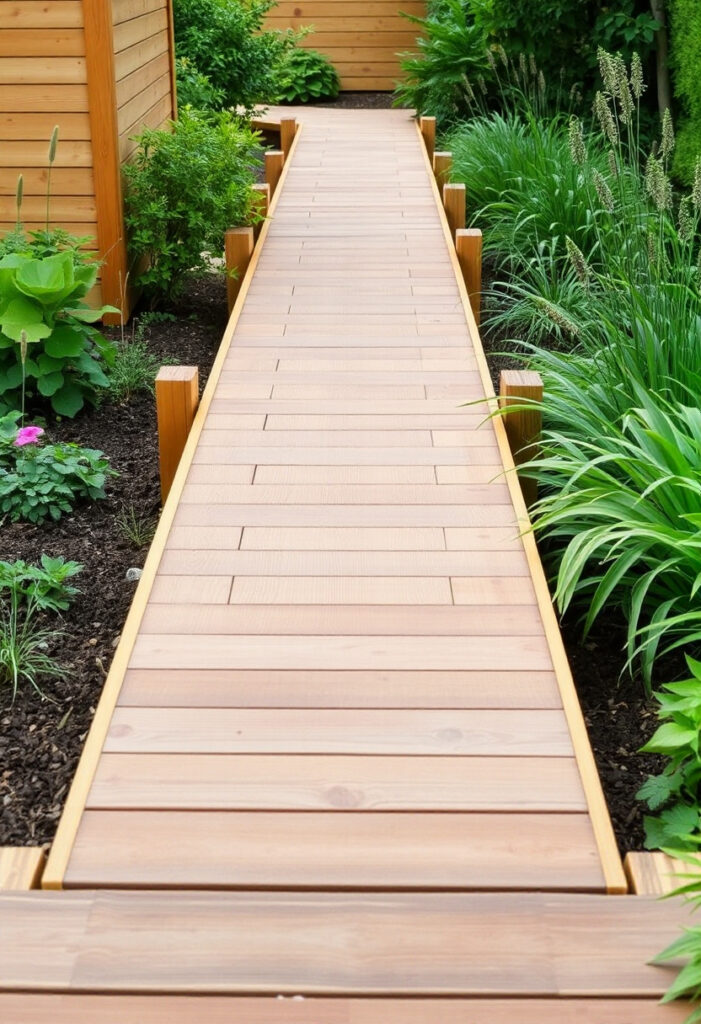 elevated wooden garden walkway.