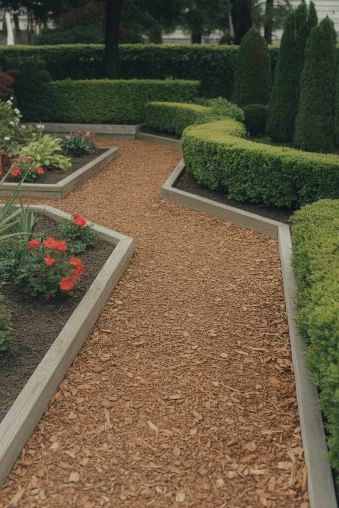 garden walkway made of wood chips, bordered by flower beds and trimmed bushes