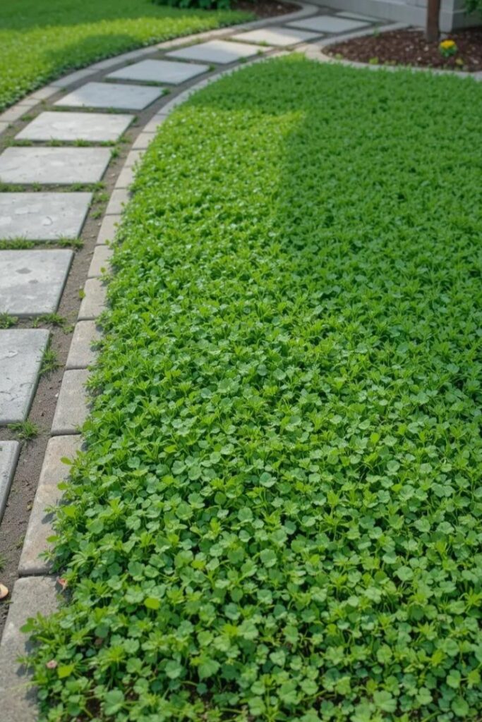 A lush patch of microclover forming a green lawn alternative, bordered by small stepping stones.
