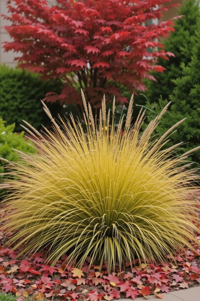  ornamental grass turning gold, red maple leaves on the ground, and evergreen shrubs in the background
