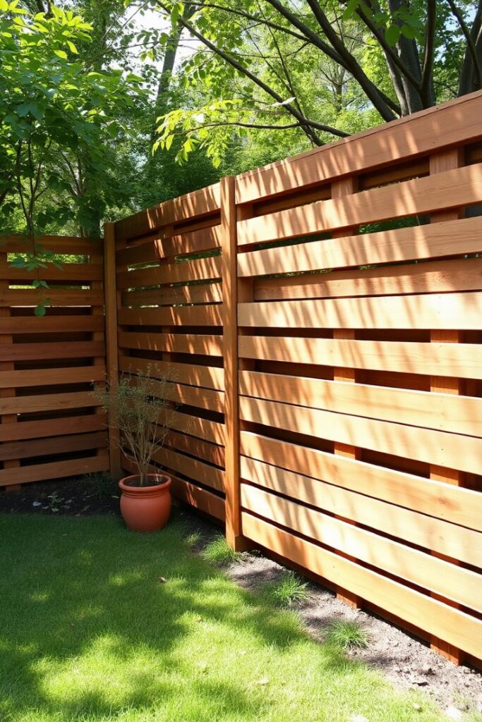 a backyard with a horizontal pallet fence made from intact wooden pallets.