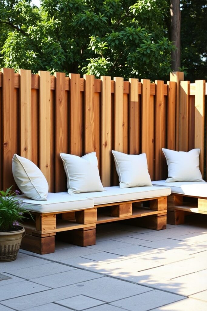 A pallet fence with bench seating.