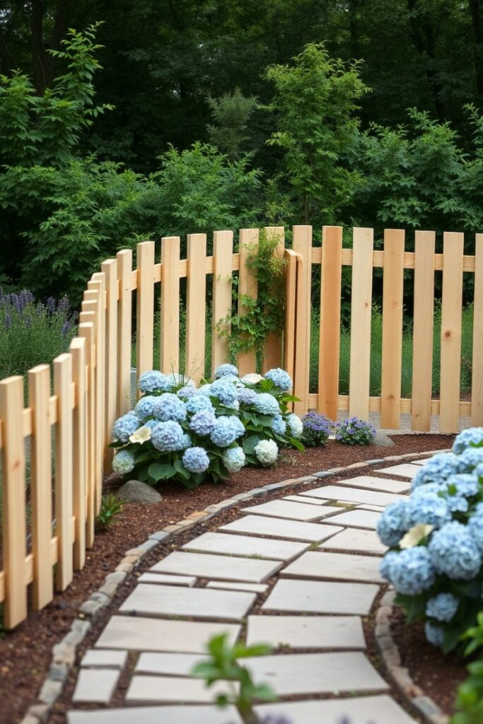A curving pallet fence that arcs around a landscaped garden bed.