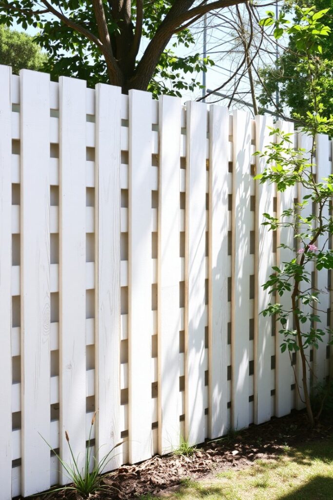 backyard corner with a whitewashed pallet fence.