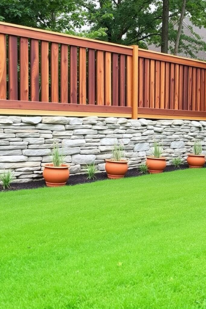 boundary fence built with a stacked stone base and a smooth-stained pallet top.