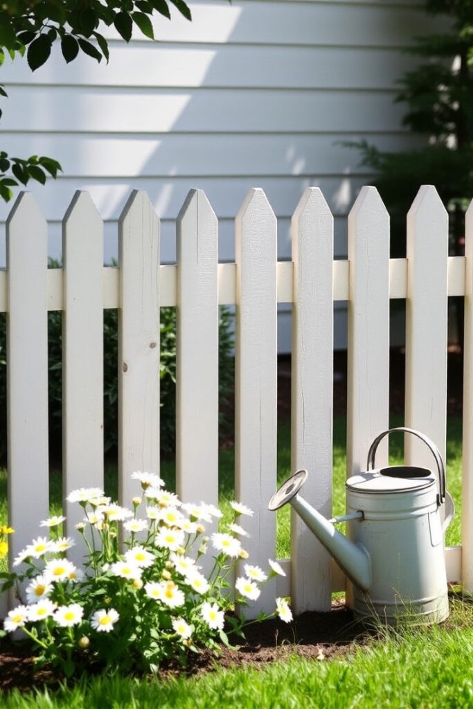 A garden picket fence made from individual pallet slats, painted off-white.