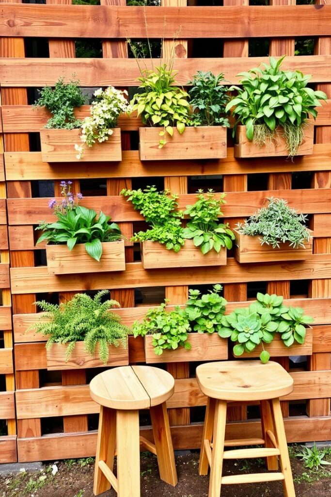 A pallet fence with planter boxes.