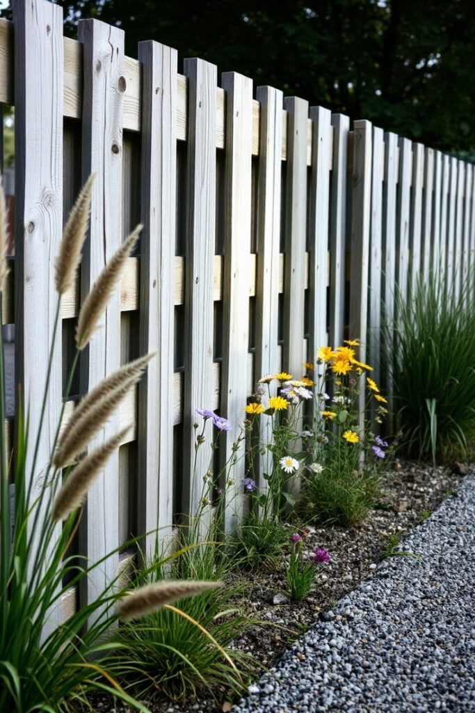 pallet fence with a soft gray patina surrounds a small wildflower garden.