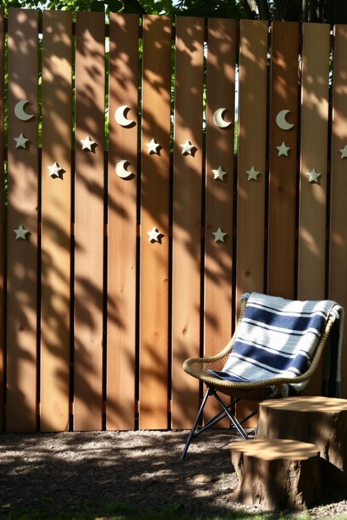 A vertical pallet fence featuring hand-cut moon and star shapes in a repeating pattern.