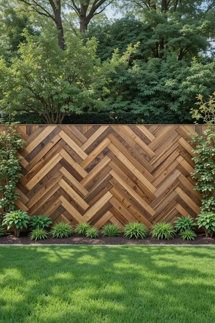 backyard backdrop with a pallet fence arranged in a detailed herringbone pattern.
