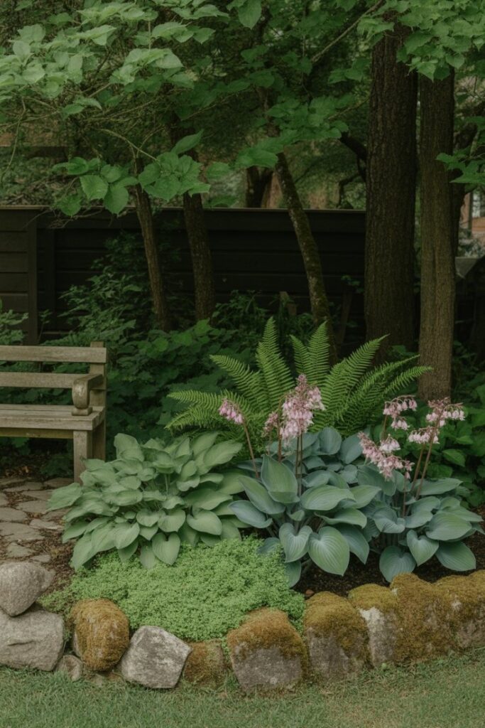 Shaded flower bed with hostas, bleeding hearts, and ferns beneath tall trees, and a rustic wood bench.