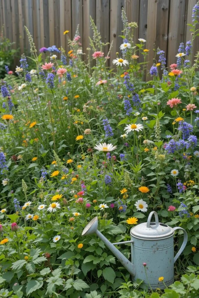 A lush, slightly wild flower bed overflowing with mixed wildflowers, herbs, and blooming perennials. Natural wooden fence backdrop, with a weathered watering can resting nearby.