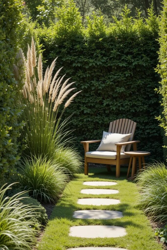 A small front yard space bordered by tall ornamental grasses and layered shrubs forming a privacy screen.
