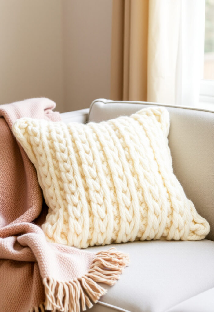 A chunky cable-knit throw pillow in soft ivory, placed on a light gray fabric sofa.