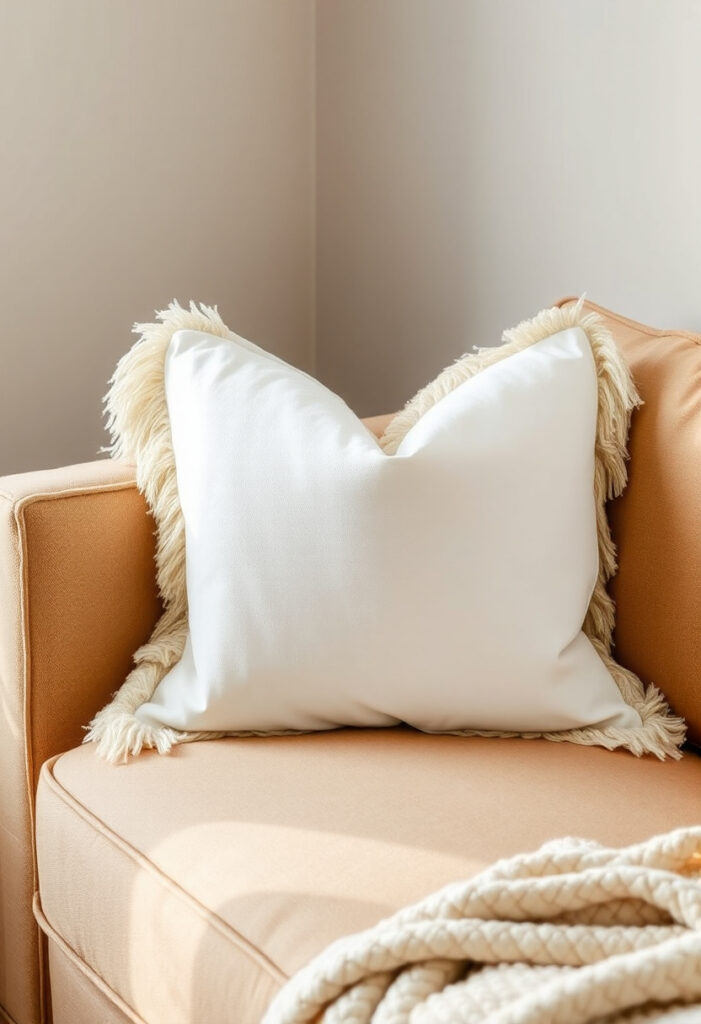 A white throw pillow with fringe edging resting on a tan linen sofa.