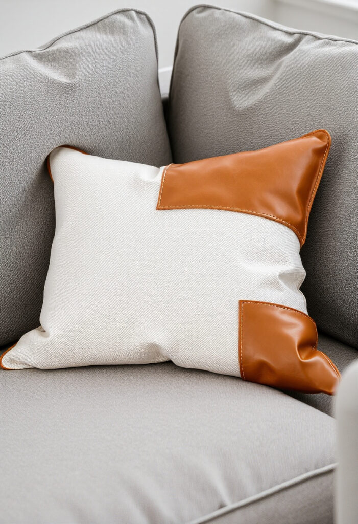A neutral linen pillow with tan leather corner patches on a gray modern sofa