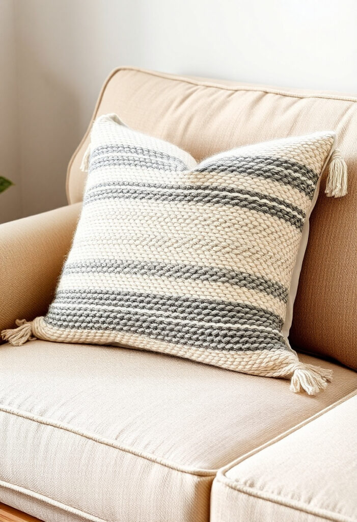 A cream and gray hand-loomed throw pillow with slub yarn texture.