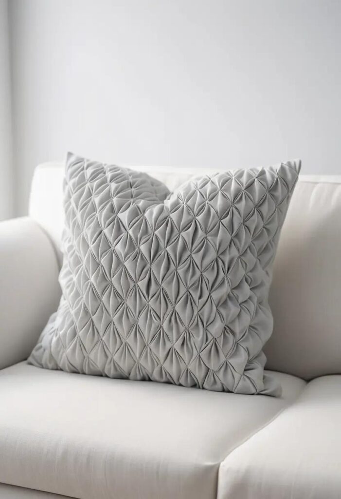 A light gray pillow with honeycomb smocking resting on a soft white sofa.