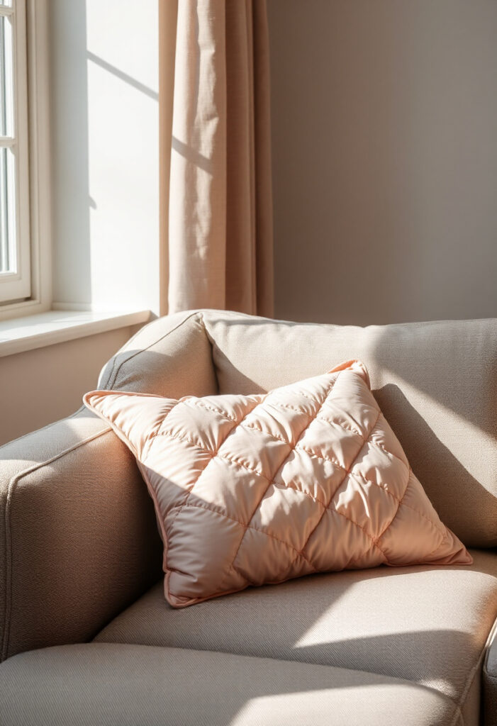 A pale blush pillow with puff quilting arranged on a soft gray sectional sofa.