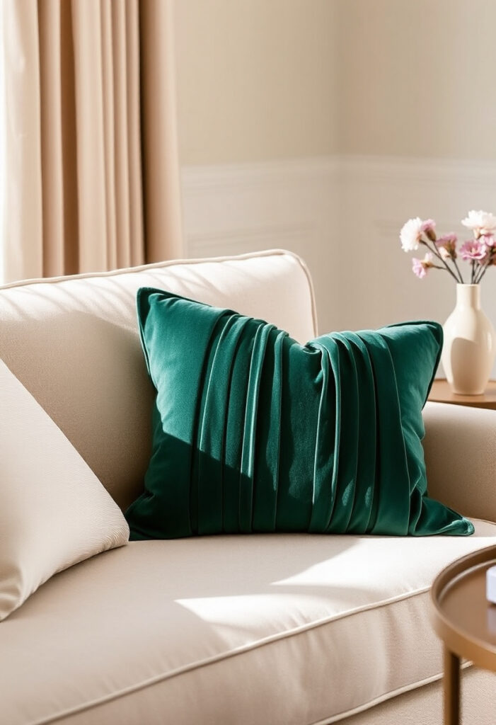 velvet pillow in deep emerald green rests on a beige linen sofa in a living room.