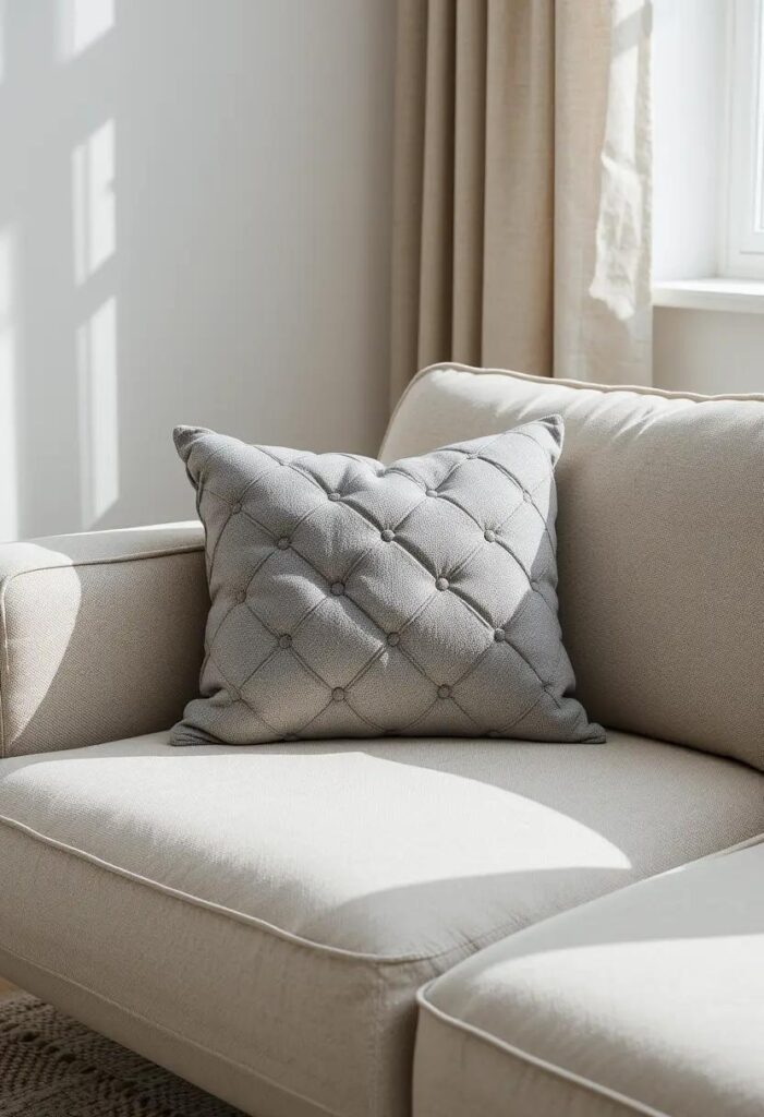 A soft gray throw pillow with geometric tufted diamonds on a beige couch.
