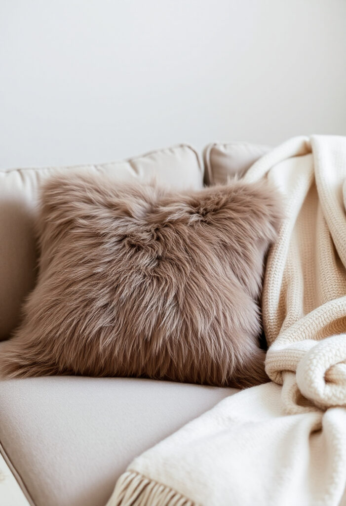 A taupe faux fur throw pillow on a sofa.
