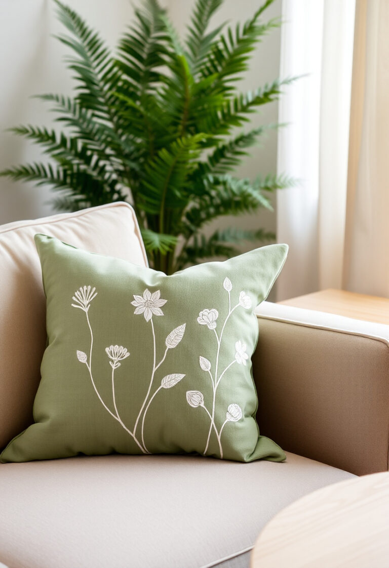 A sage green throw pillow with white embroidered botanical motifs