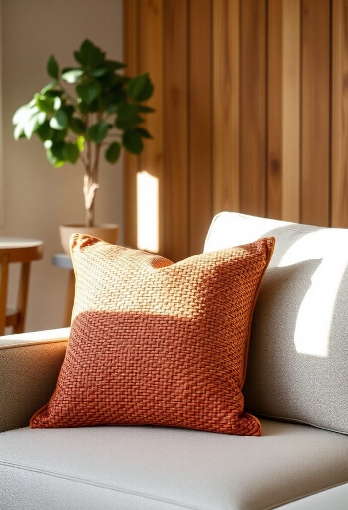 A terracotta throw pillow with basket weave texture styled on a beige sofa.