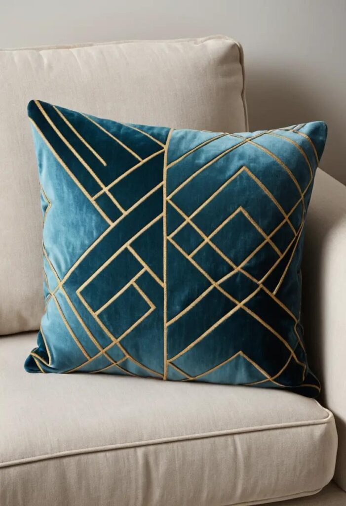 a cut velvet throw pillow rests in a sofa.