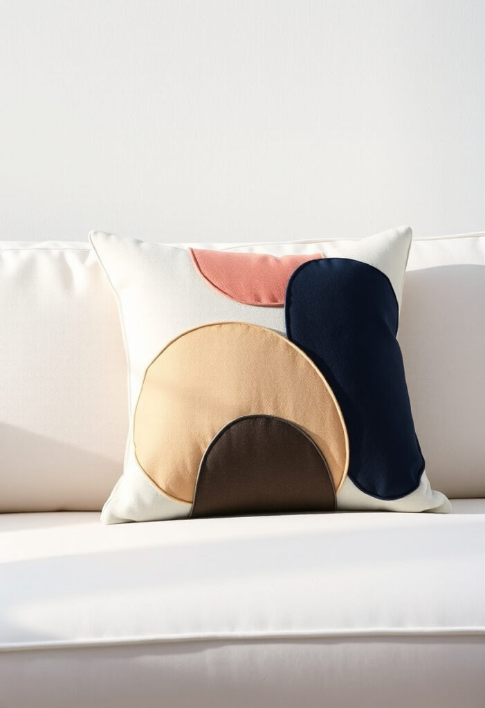A decorative throw pillow with layered appliqué in abstract shapes on a white sofa.