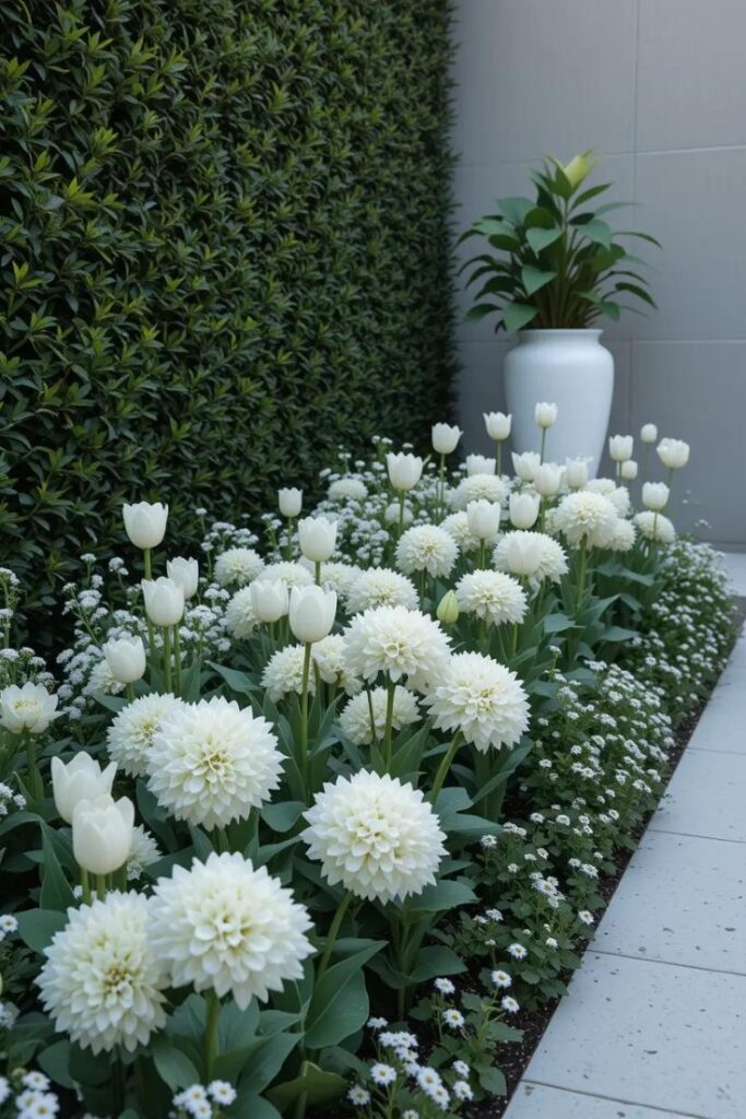 A flower bed featuring white blooms.