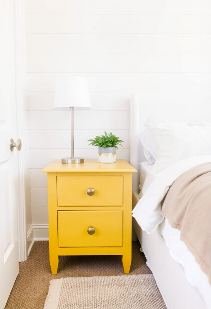 A white-walled bedroom featuring a painted yellow wooden nightstand