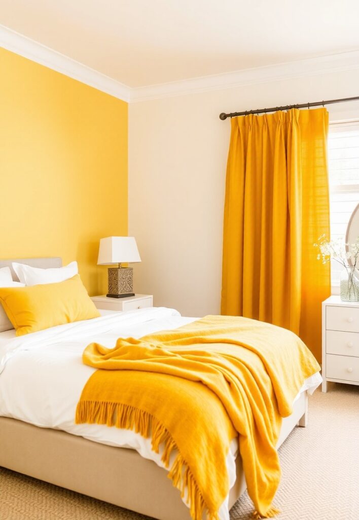 a bedroom showcasing a mix of yellow shades