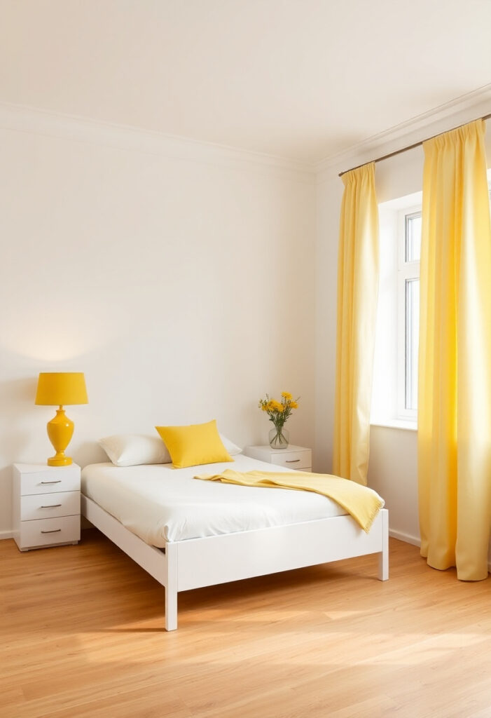 a minimalist bedroom with lemon yellow accents.