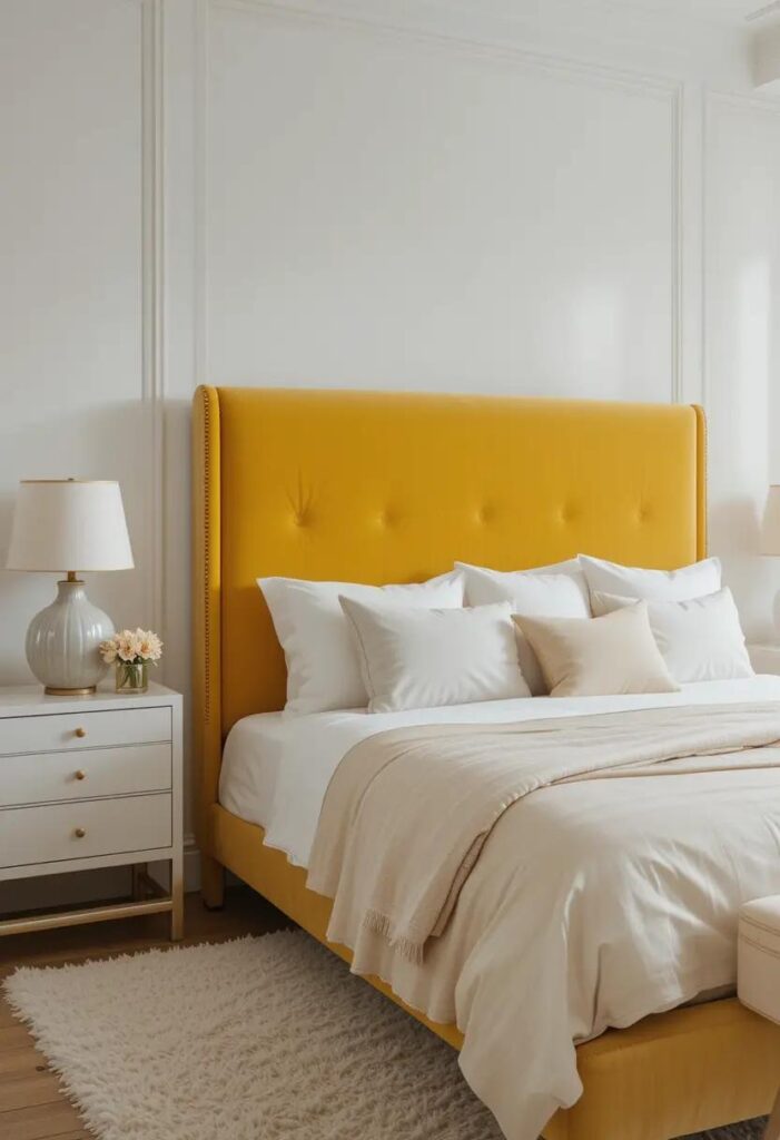 a bedroom with a bold yellow upholstered headboard against a white wall.