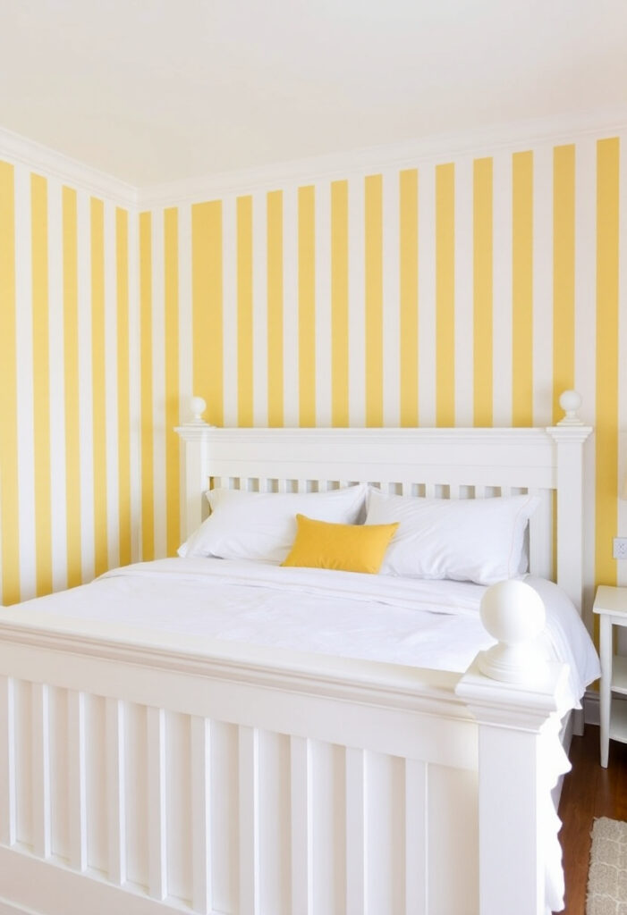 bedroom with alternating yellow and white vertical striped walls