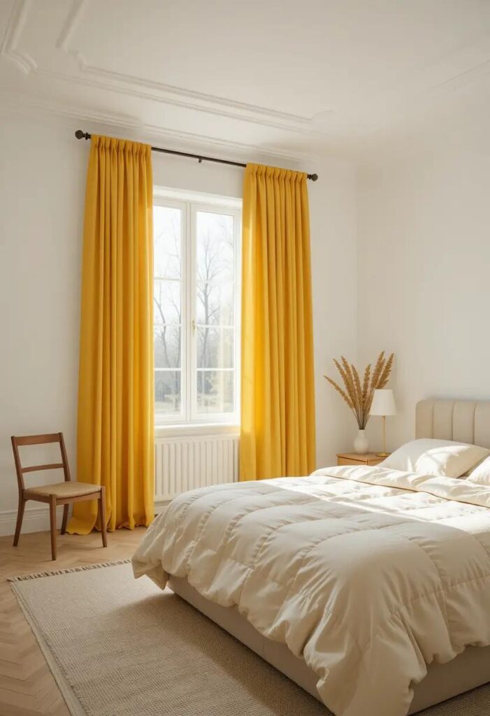 bedroom with sunshine yellow curtains