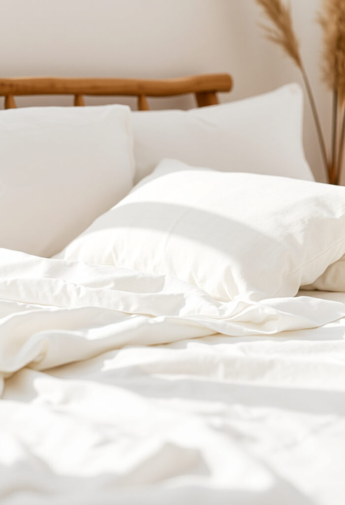 Bed with breathable cotton or linen sheets in neutral colors.