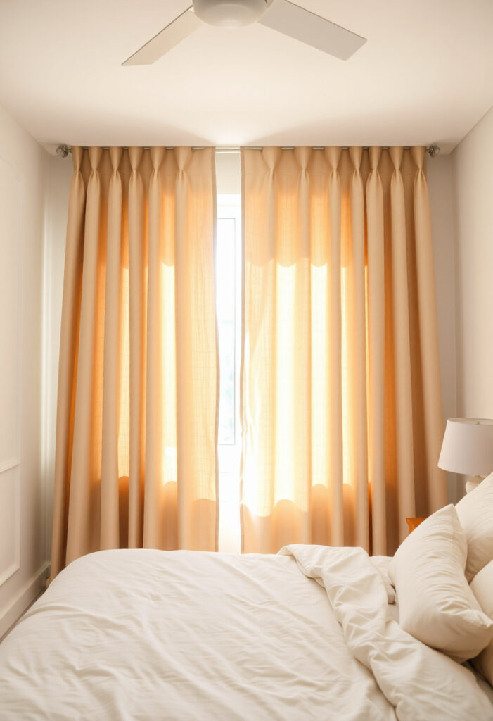 a bedroom window with light-colored curtains.