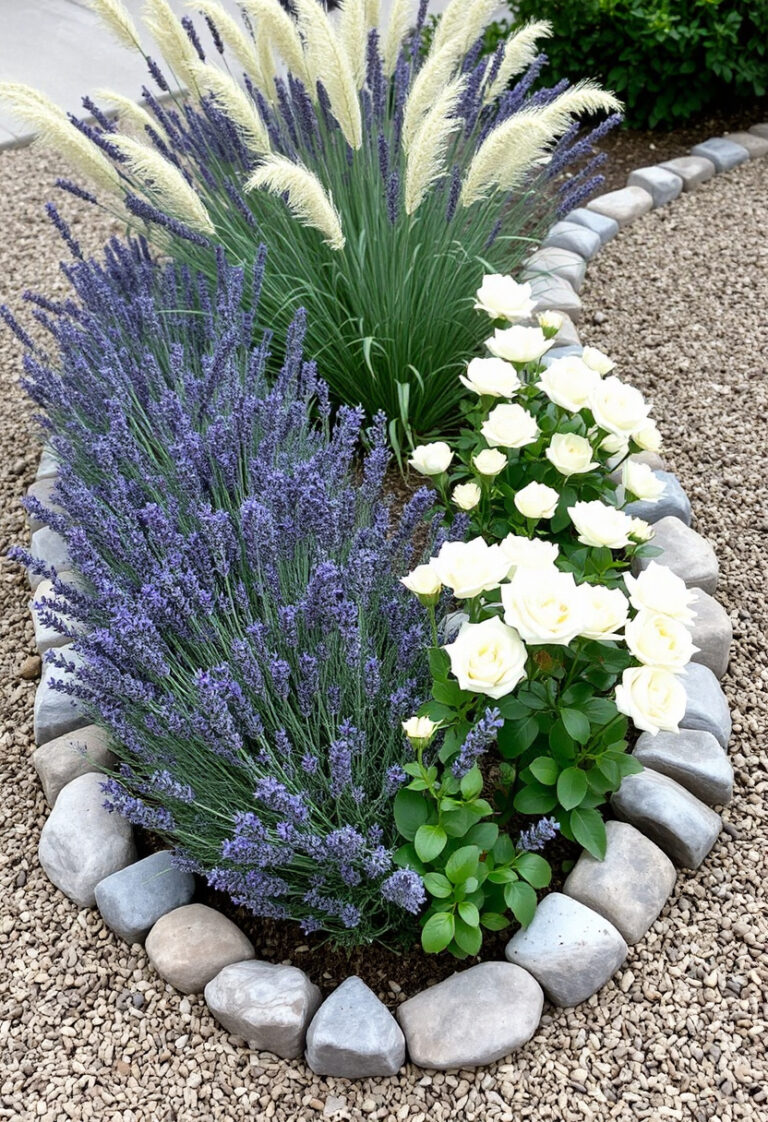 a curved flower bed edged with smooth river rocks.