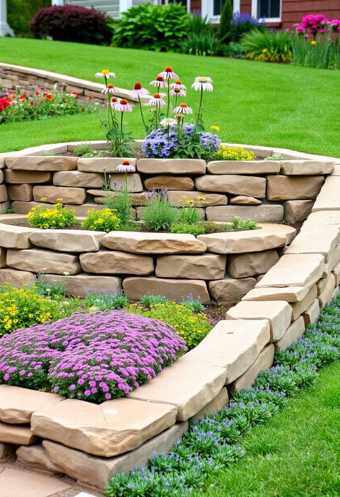 A sloped front yard featuring three-tiered flower beds.
