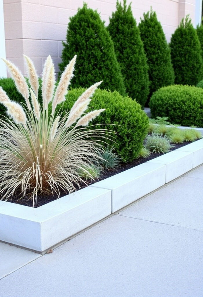 A front flower bed with limestone block borders.