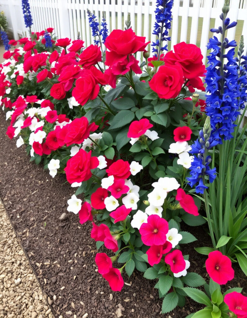 A garden bed filled with red roses, crisp white petunias, and tall blue delphiniums.