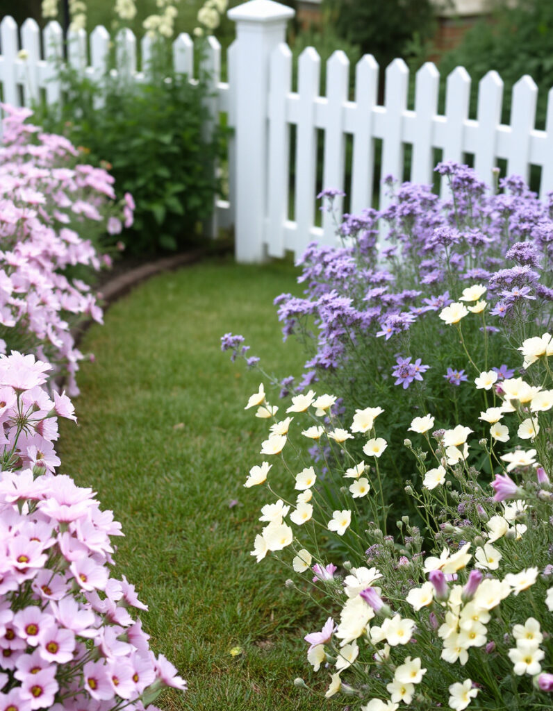 A garden with soft pink cosmos, lavender catmint, pale yellow primroses.